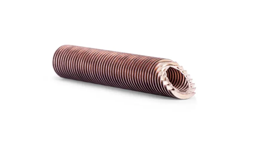 Medium-high-finned tube in copper on white background