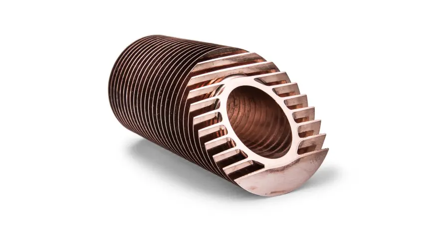 Copper high-finned tube on white background
